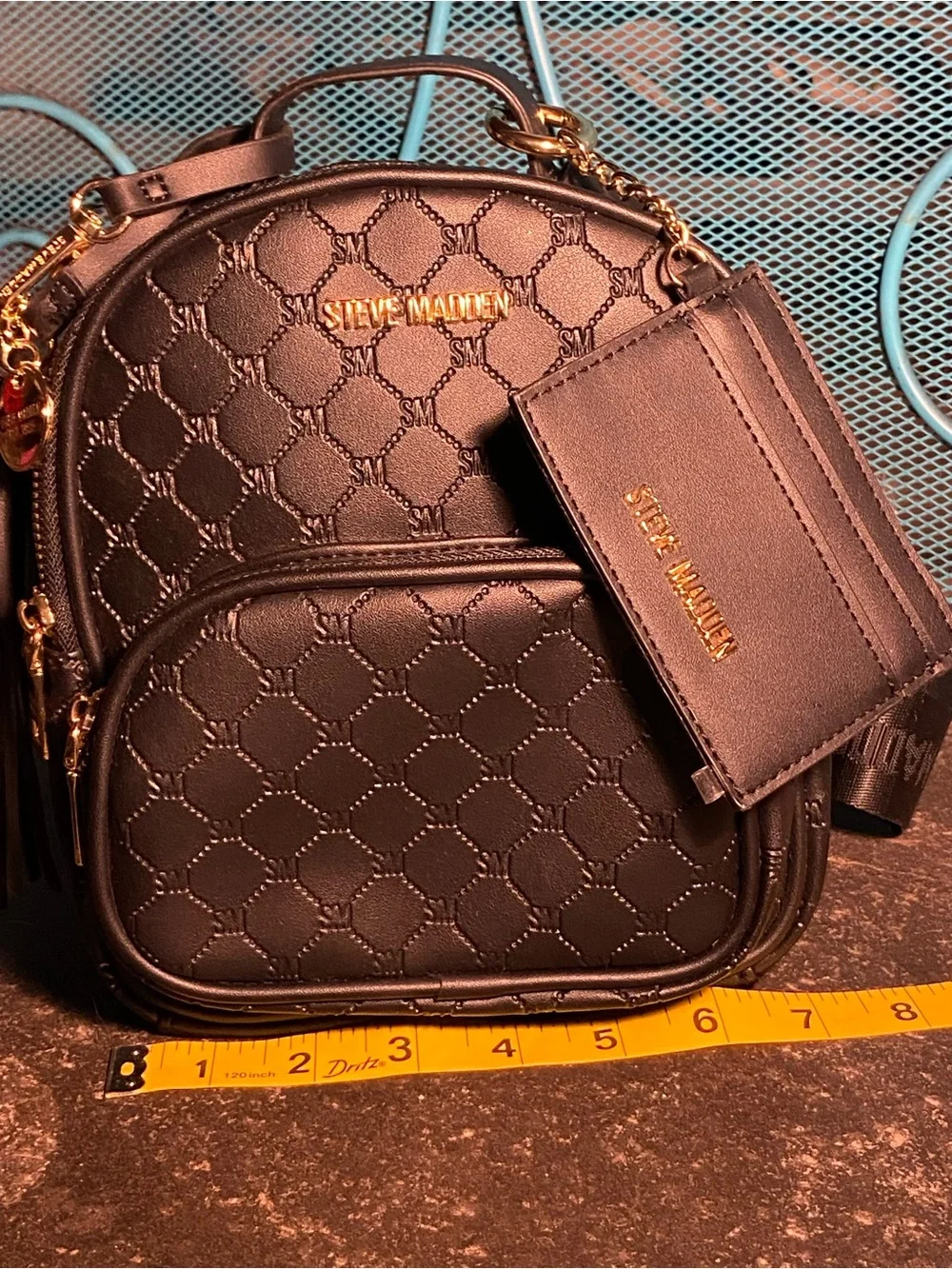 NWOT Steve Madden small backpack,tassel logo keychain,credit card wallet,black